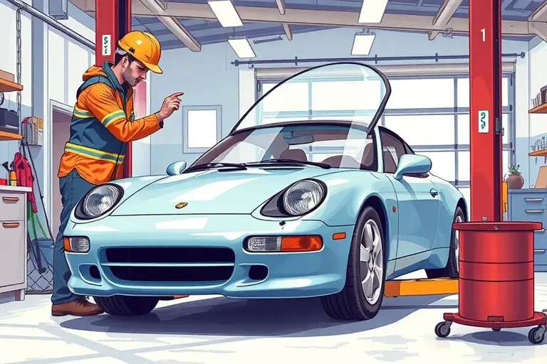 A detailed illustration of a Bufori La Joya 2.7 L V6 sports car from the mid‑2000s in a professional garage, with a skilled mechanic in safety gear carefully removing the old windshield and positioning a new, crystal‑clear windshield ready for installation. The scene shows the car on a lift, tools and protective sheets nearby, and a clean, well‑lit workshop environment.