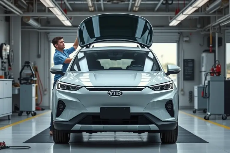 A realistic scene of a BYD Yuan Plus (2021 model) in a modern auto repair workshop, showing a professional mechanic carefully removing the old windshield and installing a new one. The car is centered, front view, with the windshield partially lifted, tools like suction cups and a glass cutter visible, and a clean, well-lit environment. Emphasize the vehicle's distinctive shape and the glass replacement process, without any text or branding.