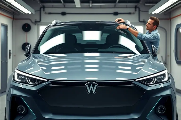 A modern electric SUV Aion LX (2019-2022 model) in a clean garage environment, with a professional mechanic carefully removing the old windshield and installing a new one. Emphasize the car's sleek front design, the transparent windshield being handled, and tools like suction cups and a glass cutter. The scene should be realistic, well-lit, and focus on the windshield replacement process without any text or logos.