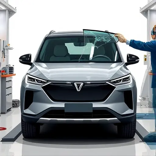 A high-detail illustration of a Zeekr X electric SUV from 2023 with its front windshield being professionally removed and replaced in a modern auto repair workshop. The car is positioned front-center, the broken glass is shown falling away, and a technician’s gloved hands hold a new windshield ready to install. The scene includes clean tools, a service lift, and a neutral background, emphasizing the vehicle and the windshield replacement process.