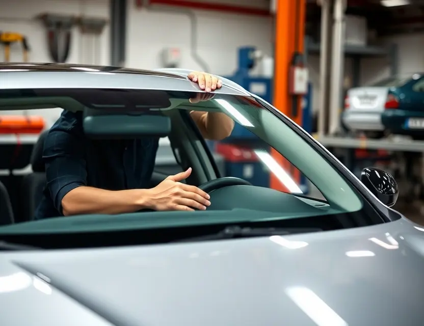 A high-quality image depicting a car windshield replacement service. The image should show a mechanic working on a car windshield, with tools and equipment visible in the background. The focus should be on the replacement process, highlighting the expertise and precision involved. The car should be a modern sedan.
