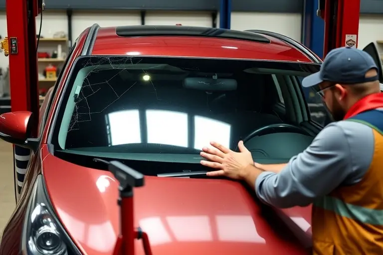 A detailed workshop scene showing a mechanic replacing the windshield of a 2021 Kia Sportage 2.5L 187hp. The car is partially lifted on a hydraulic lift, the old cracked windshield is removed, and a new clear windshield is being fitted. Tools and safety gear are present. The focus is on the windshield and the mechanic's hands.