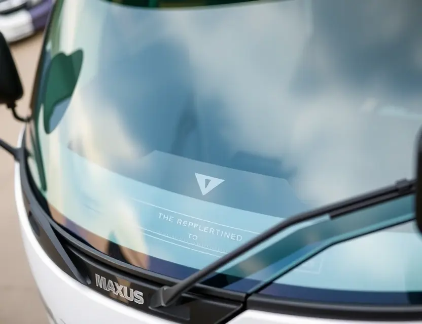A close-up shot of a Maxus vehicle with a replaced windshield, showcasing the new glass. The vehicle should be parked on a clean, well-lit surface. Focus on the clarity and quality of the replacement windshield.