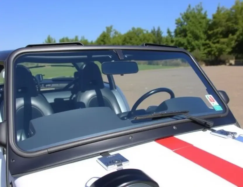A Caterham Seven 620R with a replaced windshield, showcasing the new glass. The car is parked outdoors on a sunny day, with a clear blue sky and some greenery in the background. Focus on the detail of the replacement windshield.