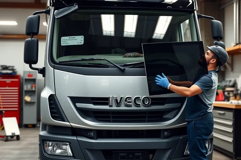 A mechanic in a garage replacing the windshield of an Iveco Massif 3.0 diesel truck (2007-2020 model). The scene shows the truck’s front with the old windshield removed, the mechanic holding a new windshield, wearing protective gloves and a helmet. The garage environment includes a workbench, tools, and a light source. No text, letters, or digits are present.