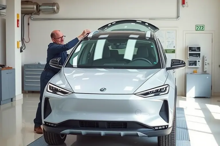 A realistic high‑detail scene of a VinFast VF9 electric SUV (2022 model) in a clean garage, with a technician carefully removing the front windshield and installing a new one, using appropriate tools and equipment, focusing on the car and the glass replacement process.