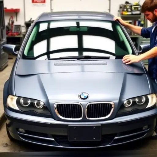 A detailed workshop scene showing a mechanic replacing the windshield of a BMW 3er E46 3.0 L (2000-2005). The image should depict the car's front with the old windshield removed, a new windshield being fitted, tools and a workbench in the background. The focus is on the replacement process, with clear visibility of the car's body, the windshield frame, and the mechanic's hands. No text or lettering should appear in the image.