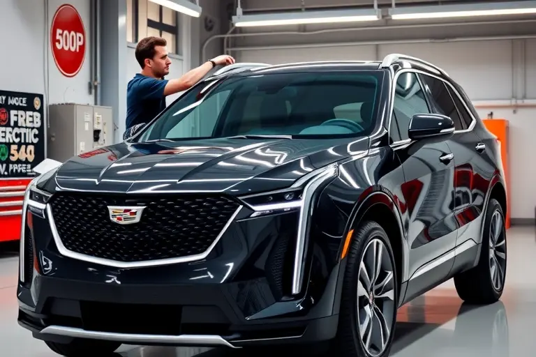 A high-quality photorealistic image of a sleek Cadillac LYRIQ electric SUV in a modern auto repair shop, a technician carefully installing a new front windshield, glossy glass reflecting the workshop lights, 500 horsepower electric vehicle details visible, professional automotive photography, clean and bright environment