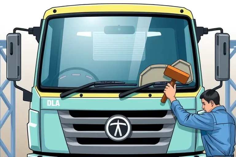 A detailed illustration of an Ashok Leyland Dost 1.5 L diesel truck in a workshop, with a mechanic carefully removing the old windshield and installing a new one. The focus is on the front of the vehicle, showing the windshield frame, tools such as suction cups and a rubber mallet, and the clean, polished new glass fitting into place. The scene is realistic, well-lit, and emphasizes the automotive repair process without any text or branding.