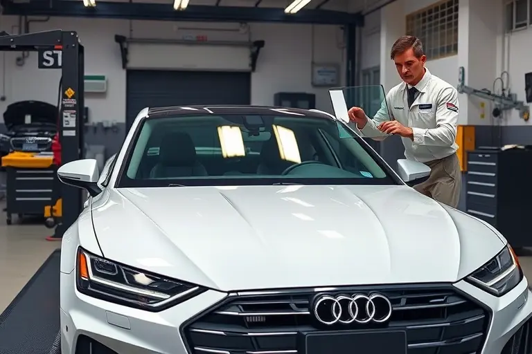 A realistic high-resolution scene of an Audi A7 (C8 generation, 2018‑present) in a professional garage, with the front windshield removed and a technician in a clean uniform holding a glass panel, surrounded by automotive tools and a service lift, bright lighting, focusing on the car's sleek lines and the windshield replacement process.