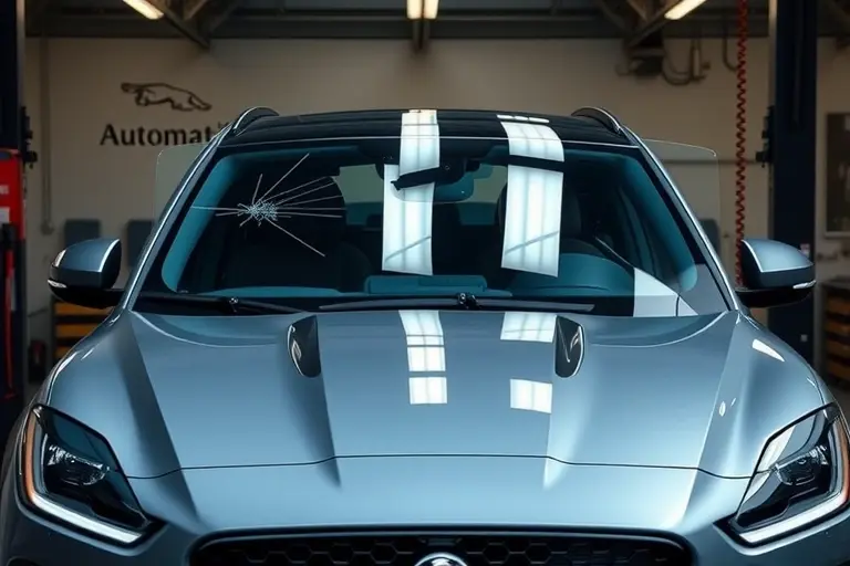 A detailed, realistic scene of a mechanic replacing the windshield on a Jaguar F Pace SVR 5.0 V8 Supercharged 550. The image should show the car in a garage setting, the old cracked windshield removed, a new clear glass panel being fitted, with tools and safety equipment visible. Focus on the sleek design of the Jaguar, the precision of the replacement process, and the contrast between the damaged old glass and the pristine new glass. The background should be a clean, well-lit workshop with subtle automotive branding, but no text or logos should be visible. The composition should highlight the vehicle’s front profile, the mechanic’s hands, and the replacement glass.