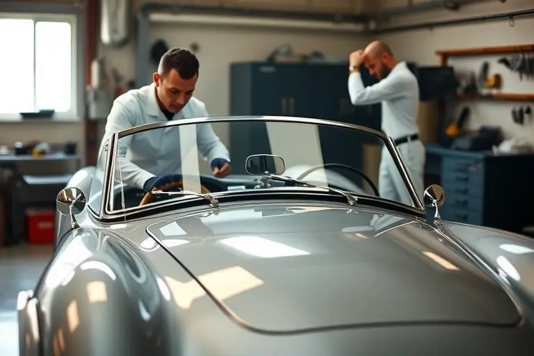 A classic Auburn 851 Speedster 4.5 L R8 Supercharge parked in a well-lit garage, a skilled mechanic in a clean uniform carefully removing the old windshield and holding a new, pristine glass pane ready for installation. The focus is on the sleek, vintage car body, the intricate details of the windshield frame, and the professional hands at work, with a subtle background of tools and equipment, but no visible text, logos, or numbers.