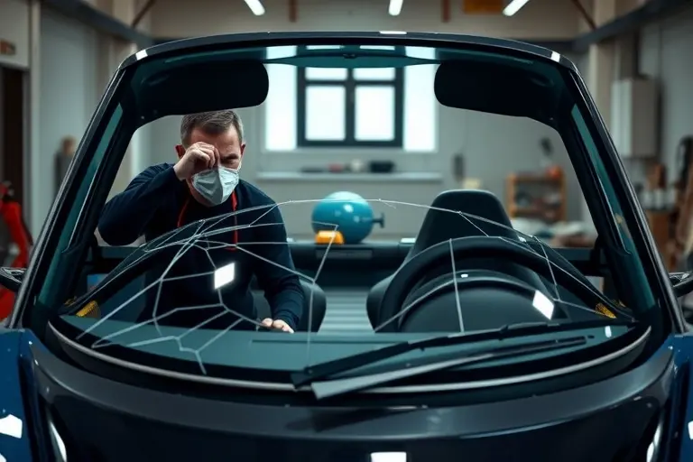 A close-up interior view of a mechanic replacing the windshield of a Marussia B1 2.8 Turbo Cosworth 360 hp sports car. The scene shows the car's front end in a well-lit garage, with the old cracked windshield removed, the frame cleaned, and a new high‑strength glass panel being carefully positioned and secured with adhesive. The mechanic, wearing a protective mask and gloves, uses a suction cup and a specialized tool to align the new glass. The background includes a workbench with tools, a car jack, and a clear view of the car's front bumper and hood. The focus is on the precision of the replacement process, the contrast between the old damaged glass and the new pristine panel, and the meticulous application of sealant.