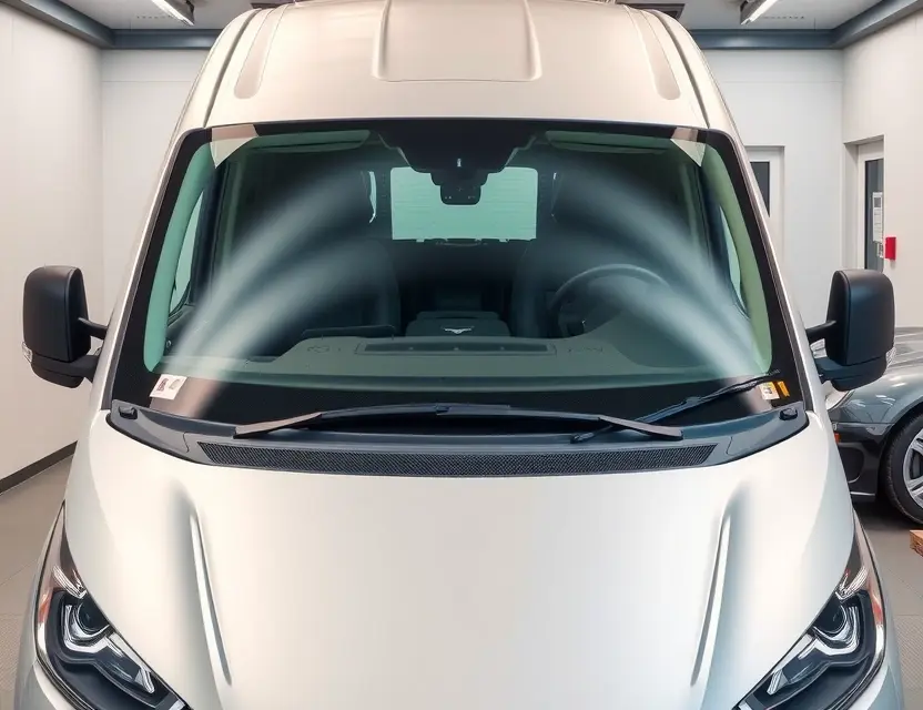 A high-quality image of an Aston Martin V12 Van with its front windshield being replaced, showing the vehicle in a clean, professional setting with realistic lighting and detailed car parts, emphasizing the service process without any text or numbers on the glass
