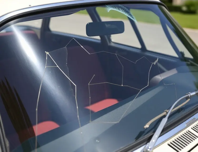 A close-up shot of a Facel Vega HK500 with a cracked windshield, showing the area where the windshield needs replacement. The car should be parked outdoors on a sunny day. Focus on the damaged windshield area.