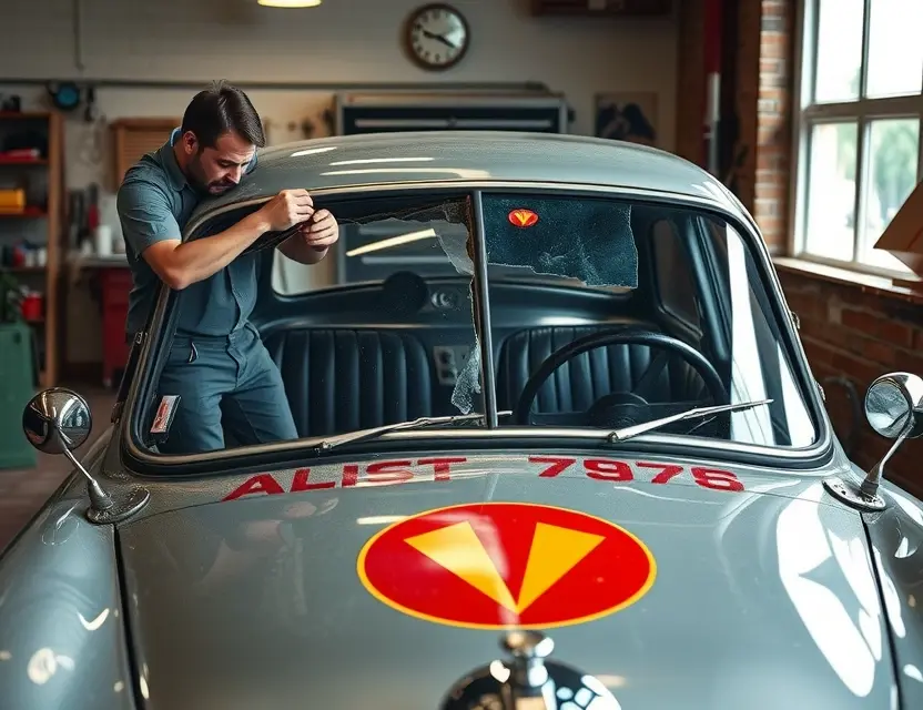A vintage Alvis Speed 25 car with a damaged front windshield being carefully replaced by a skilled mechanic in a well-lit garage, showing attention to detail and professional tools, no text or logos visible