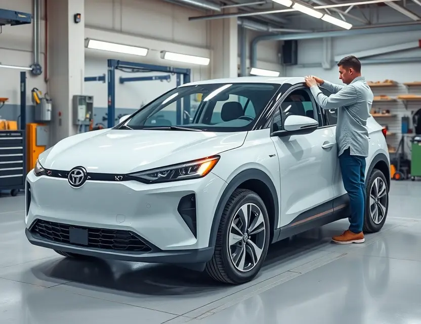A high-quality, realistic photo of a BAIC EC3 electric car parked in a professional auto service garage, with a technician in a clean uniform carefully installing a new, clear windshield onto the vehicle. The scene is well-lit with bright workshop lighting, showing the car's sleek design and the pristine condition of the new glass. The background features organized tools and equipment typical of an auto repair shop, emphasizing safety and precision. No text, logos, or watermarks are visible.