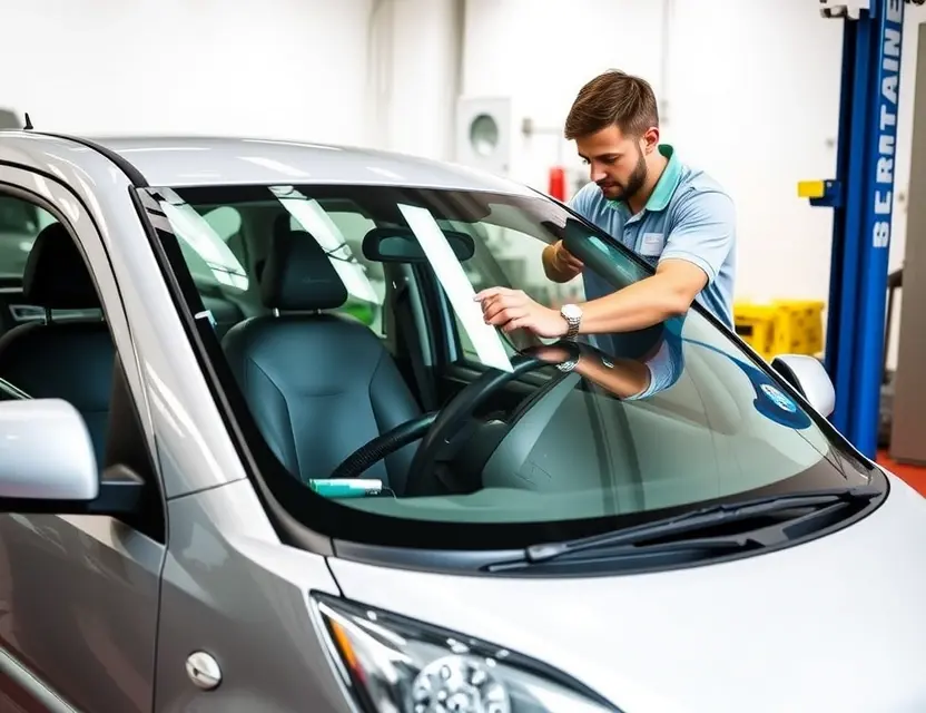 A Daihatsu Copen car with a technician replacing the front windshield, showing the removal of the old glass and installation of the new one, in a clean garage setting with proper tools and safety equipment, natural lighting, high detail, no text or labels