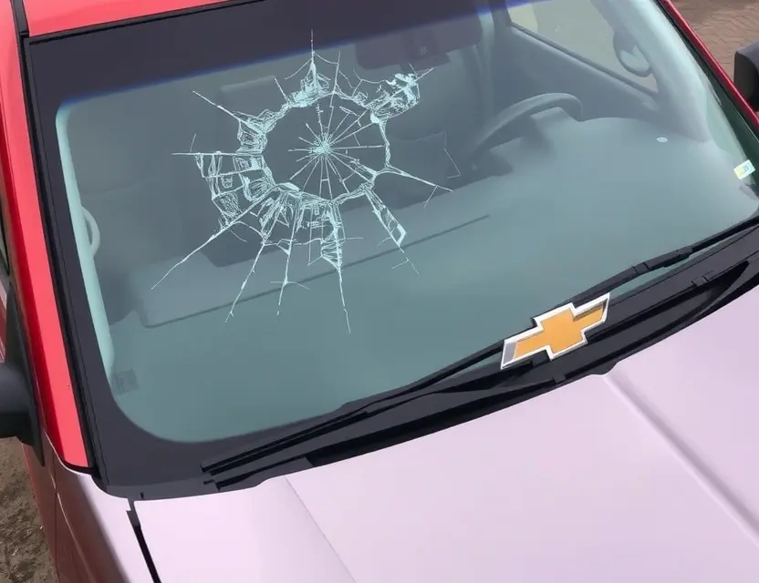 A close-up shot of a Chevrolet Silverado truck with a cracked windshield, showing the damage clearly. The truck should be parked on a paved surface. Focus on the cracked area of the windshield.