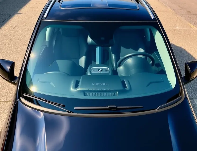 A high-quality image depicting a BMW X5 with a replaced windshield. The windshield is clear and new, seamlessly integrated with the vehicle's design. The car is parked outdoors on a clean, paved surface. Focus on the detail of the new windshield and the overall condition of the vehicle.