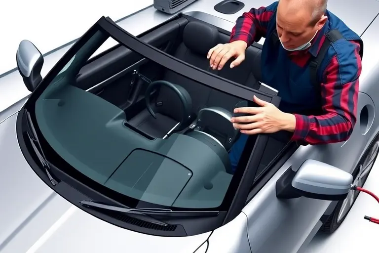 A detailed, realistic depiction of a mechanic replacing the windshield of a Spyker C12 Zagato 6.0 W12 Volkswagen 500, showing the car's sleek design, the mechanic's tools, and the new glass being installed, with a focus on precision and craftsmanship.