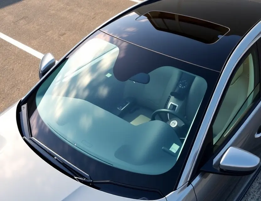 A high-quality image depicting a Jaguar I-Pace with a replaced windshield. The car is parked outdoors on a clean, paved surface. The replaced windshield is seamlessly integrated with the original, showing a clear, unobstructed view. Focus on the details of the replacement process and the quality of the new glass.