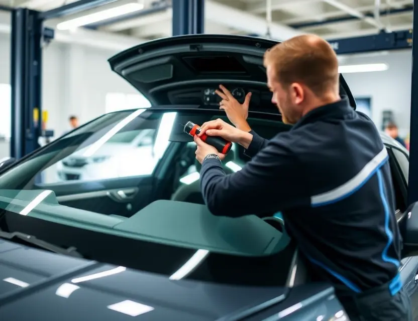 A mechanic is carefully removing a windshield from an Audi e-tron GT in a well-lit auto repair shop. The car is raised on a lift, and the mechanic is using specialized tools. Focus on the windshield removal process, highlighting the car's interior and the tools being used.