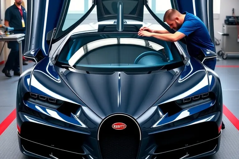 A high-detail scene showing a Bugatti Chiron Super Sport with its front hood open, a technician carefully removing the old windshield and installing a new one. The focus is on the sleek car body, the glass panels, and professional tools, with a clean workshop background. No text, logos, or unrelated objects.