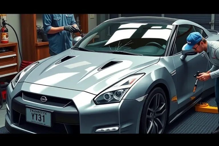 A detailed, realistic depiction of a mechanic replacing the windshield on a Nissan GT-R 3.8 V6 Twin Turbo 565 hp. The scene shows the car on a lift or a workbench, the old cracked windshield removed, a new clear glass panel being fitted, with tools such as a suction cup, a sealant gun, and a cleaning cloth. The background should include a garage setting with subtle lighting, and the focus is on the precision of the replacement process, highlighting the car’s sleek body and the clear glass.