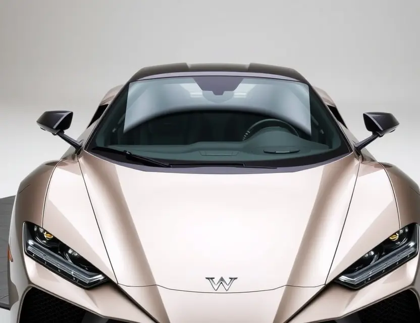 A high-quality image of a W Motors vehicle with a replaced windshield. The car should be a sleek, modern sports car, possibly a Lykan Hypersport or similar model. The replaced windshield should be seamlessly integrated with the original design, showing a clear, modern glass. The background should be a clean, professional automotive studio setting.