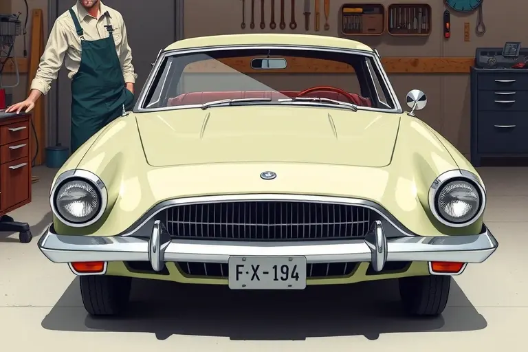 A realistic illustration of a 1962 Studebaker Avanti with a 4.7 V8 240 hp engine, focusing on the front of the car during a windshield replacement. The scene shows a mechanic in a work apron holding a new windshield, with the old windshield partially removed. The car’s chrome trim, body lines, and the glass are clearly visible. The background is a garage setting with tools and a workbench, but no people are shown in the foreground. The image emphasizes the windshield area and the installation process.