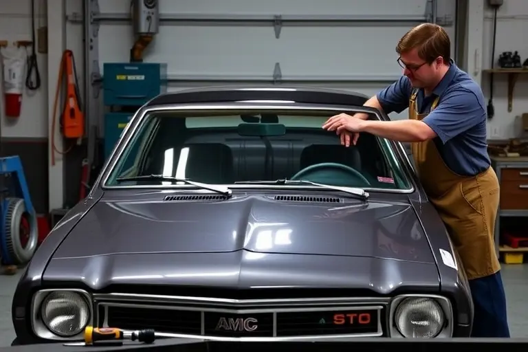 A classic 1970s AMC Gremlin with a 3.3L R6 engine parked in a garage, a mechanic in vintage work clothes carefully removing the old windshield and installing a new one. The scene shows the car's front end with the open windshield frame, tools like a suction cup and screwdriver on a workbench, and a clean, well-lit workshop atmosphere. Emphasize the retro automotive details and the hands-on repair process.