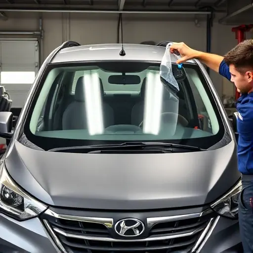 A mechanic in a garage replacing the windshield of a Baojun 730 1.8L 137hp (2014-2019). The car is partially opened, the old windshield is removed, a new clear windshield is being fitted. Tools such as a suction cup, a sealant gun, and a protective cover are present. The scene shows the car's front, the mechanic's hands, and the garage environment with a workbench and a car jack.