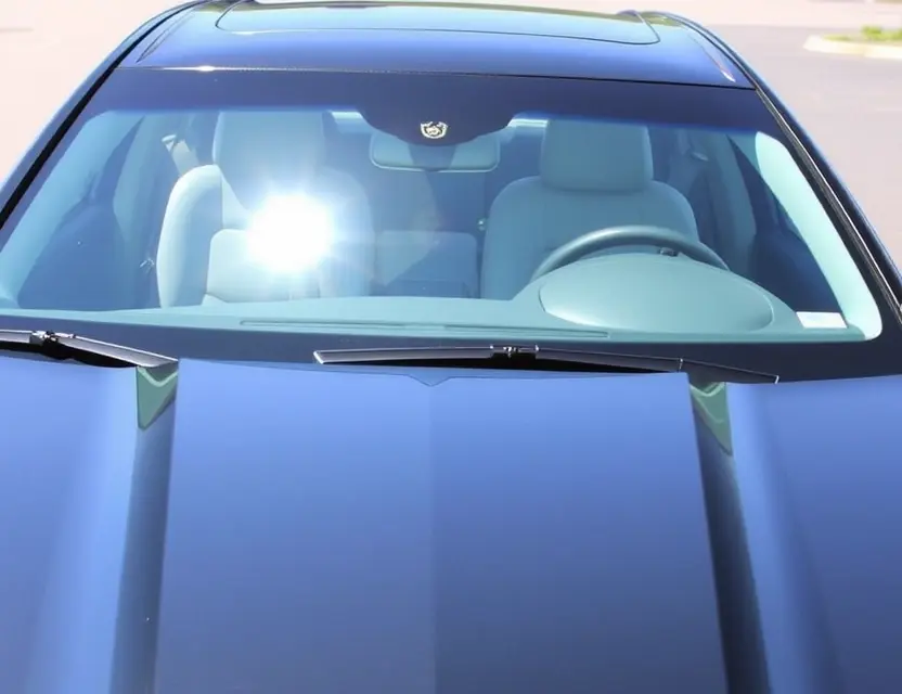 A Cadillac CT5 V Black with a replaced windshield, showcasing the new glass. The car is parked outdoors on a sunny day. Focus on the clarity and quality of the replacement windshield.
