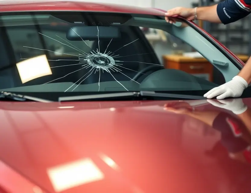 A Brilliance V7 car with a cracked windshield undergoing a replacement. The replacement windshield is being installed by a mechanic. The background shows a garage or workshop setting. Focus on the replacement process and the car's exterior.