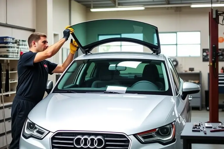 A professional mechanic in a clean auto workshop carefully removing and installing a new windshield on a silver Audi A1 1.0 TFSI, early 2010s model. The car is centered, with the open windshield frame visible, tools and protective gloves on the workbench, bright natural lighting highlighting the glass.