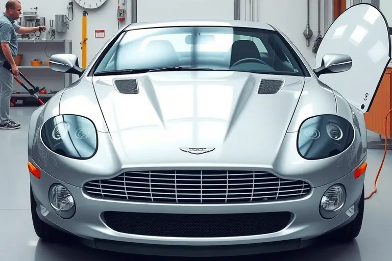 A high‑detail illustration of an Aston Martin DB7 Vantage with its front windshield being professionally removed and replaced in a clean workshop setting. Show the sleek car body, the partially detached windshield, and a skilled mechanic using tools to handle the glass, with realistic lighting and reflections on the metal and glass surfaces. Emphasize the luxury car’s design lines and the precision of the replacement process, without any text, logos, or unrelated objects.
