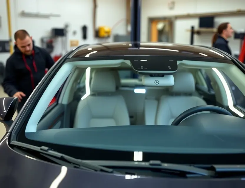 Замена лобового стекла Mercedes-Benz S-Class A professional auto repair scene showing the replacement of the windshield on a Mercedes-Benz S-Class. The car should be in a well-lit garage with tools and equipment around. The windshield should be partially removed, with technicians carefully working on it. The car should be clean and in good condition, with the interior visible through the partially removed windshield.