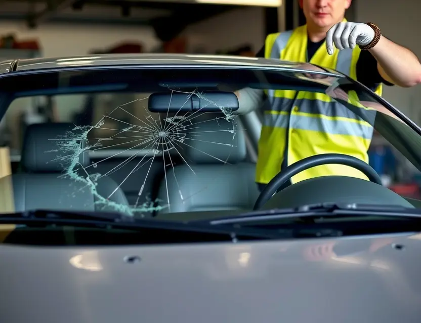 A Geo Prizm with a cracked windshield being replaced by a mechanic. The mechanic is wearing a safety vest and gloves. The replacement windshield is being installed. The background shows a garage or repair shop.