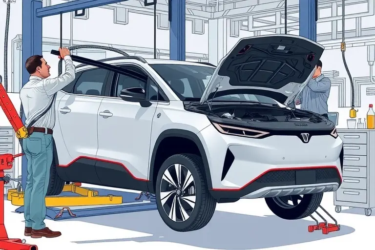 A detailed illustration of a mechanic replacing the windshield of a NIO ES8 electric SUV, showing the car on a lift, the old windshield being removed, the new windshield being installed, with tools and safety equipment, in a workshop setting.