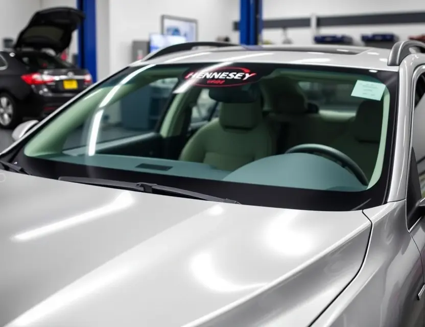 A high-quality image depicting a Hennessey vehicle with a replaced windshield. The focus is on the new windshield seamlessly integrated into the car's design. The background should be a clean, professional automotive service environment.