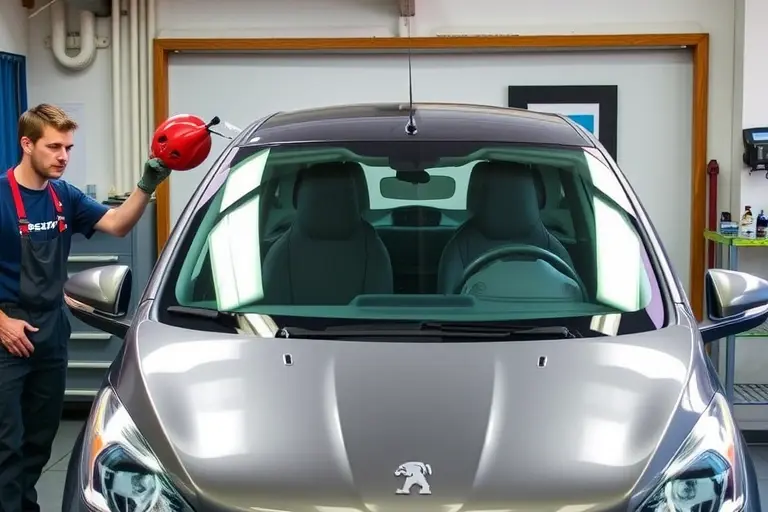 A mechanic in a garage is replacing the windshield of a Peugeot e 208 electric car. The scene shows the old windshield being removed, the frame cleaned, adhesive applied, and a new windshield being installed, with the car's front side view and tools visible.