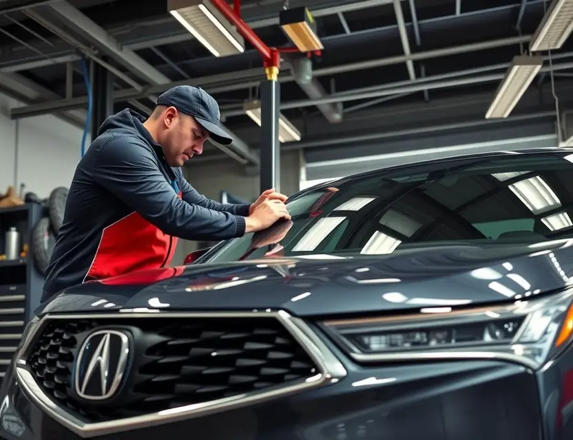 Предлагаем услугу по замене лобового стекла Acura A professional automotive service center showing a technician carefully replacing a windshield on an Acura vehicle, with clean tools, safety equipment, and a modern garage environment, natural lighting, high detail