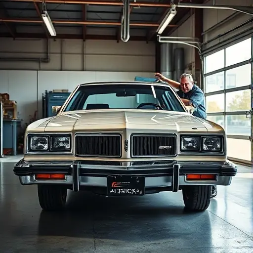 Замена лобового стекла AMC Concord A vintage AMC Concord sedan parked in a well-lit auto repair garage, with a technician carefully installing a new clear windshield using professional tools, focusing on the front of the car and the glass installation process, realistic automotive photography, high detail, clean composition