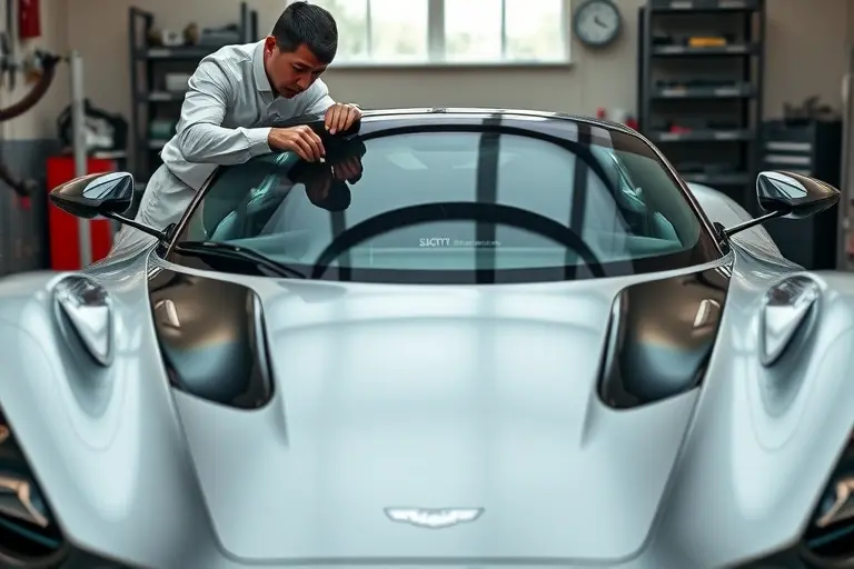 A high-detail scene of an Aston Martin Valkyrie with its sleek, futuristic body, showing a mechanic in clean workwear carefully removing the old windshield and installing a new high-performance glass. The focus is on the car's distinctive front design, the glossy new windshield, and professional tools like suction cups and specialized wrenches, set in a bright, organized garage environment.