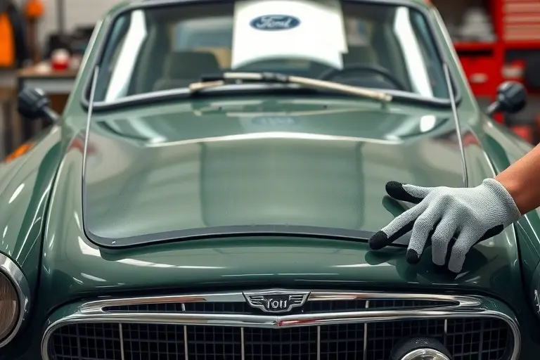 A detailed close-up of a Jowett Javelin 1.5L car's front, showing the windshield being replaced. The scene includes a mechanic's hands holding a new windshield, with the old one partially removed. The background is a workshop with tools. The focus is on the windshield, the car's front grill, and the mechanic's gloves. No text or lettering.