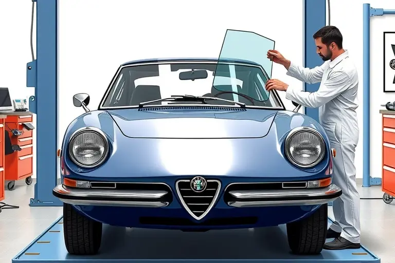 A high‑detail illustration of an Alfa Romeo 33 Stradale 3.0 V6 Biturbo 620 undergoing windshield replacement: the car is positioned on a service lift, the front hood is open, and a clear, partially removed windshield is visible. A professional mechanic in a clean workshop uniform is using specialized tools to detach the old glass and install a new one. The scene emphasizes the sleek lines of the classic sports car, the glossy new windshield, and the precise, careful work of the technician, with a neutral garage background.