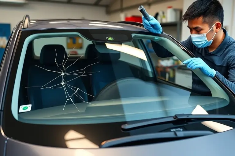 A detailed workshop scene showing a mechanic replacing the windshield of a Changan Eado Plus 1.4 Turbo 158 hp car. The focus is on the car's front, with the old cracked windshield removed and a new clear windshield being fitted. The mechanic is wearing protective gloves and a mask, using a suction cup and a cleaning solution. The background shows a clean garage with tools and a workbench. The lighting is bright and natural, highlighting the glass surface and the car's body. The image should capture the precision and care of the replacement process.