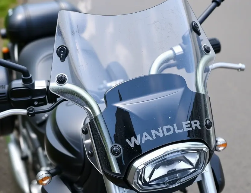 A close-up shot of a Wanderer motorcycle with a replaced windshield. The windshield is clear and new, contrasting with the older, slightly scratched windshield. The motorcycle is parked on a clean, paved surface. Focus on the windshield replacement detail.
