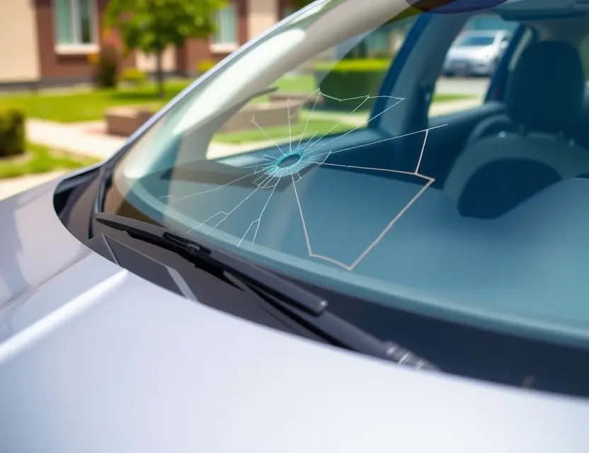 A close-up shot of a Fiat 500X with a cracked windshield, showing the area where the glass needs replacement. The car is parked outdoors on a sunny day. Focus on the damaged windshield area.